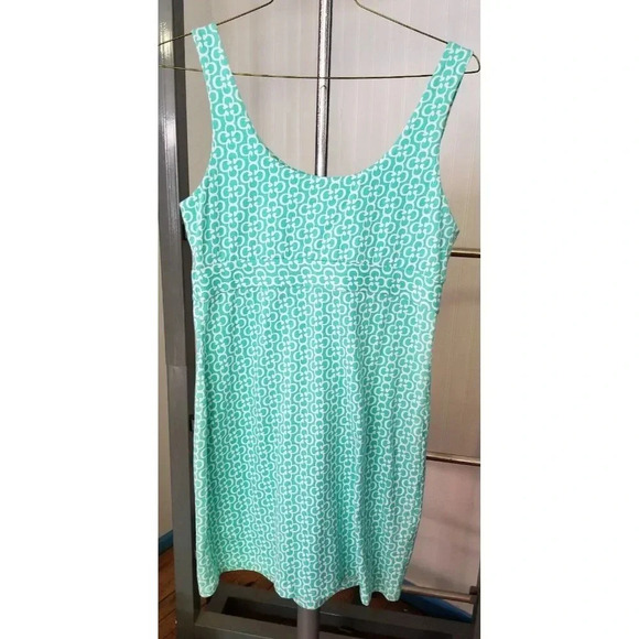Skirtin Around Knit Dress Front Turquoise White Quatrefoil Print Sz 10 MSRP $176 - Picture 4 of 4